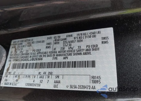 2020 Ford Escape Se from USA, damaged, VIN 1FMCU0G6XLUB29366